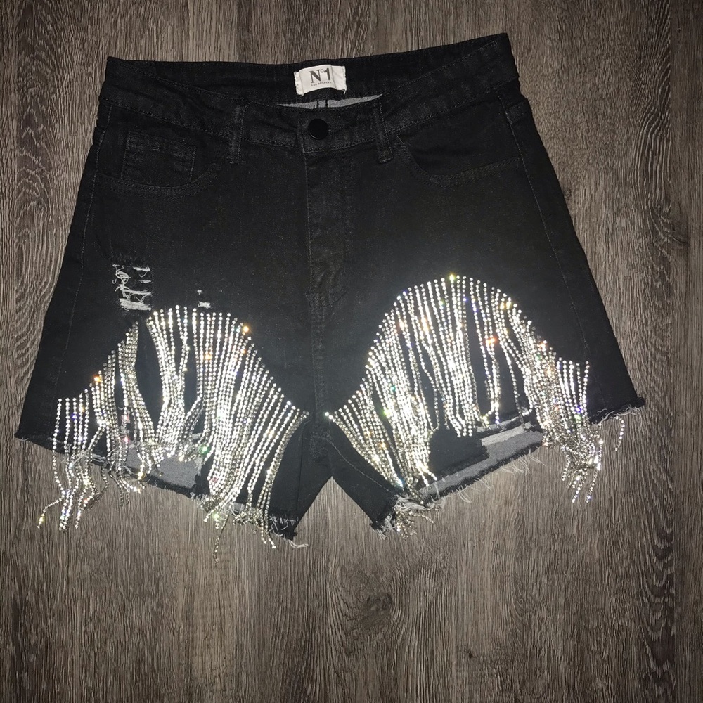 HighWaist Black Denim Shorts W/ Rhinestone Fringes
